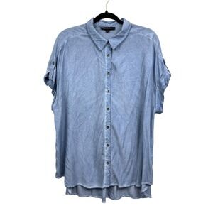 Jane + Delancey Women Button Down Blouse Short Cuff Sleeves Hi Low Hem Blue 1X